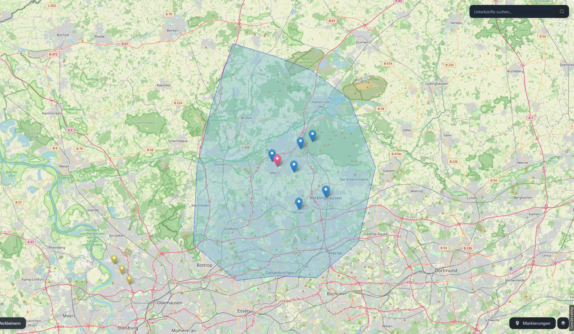 Karte in accomodesk mit markiertem Fahrzeitgebiet rund um ein Projekt
